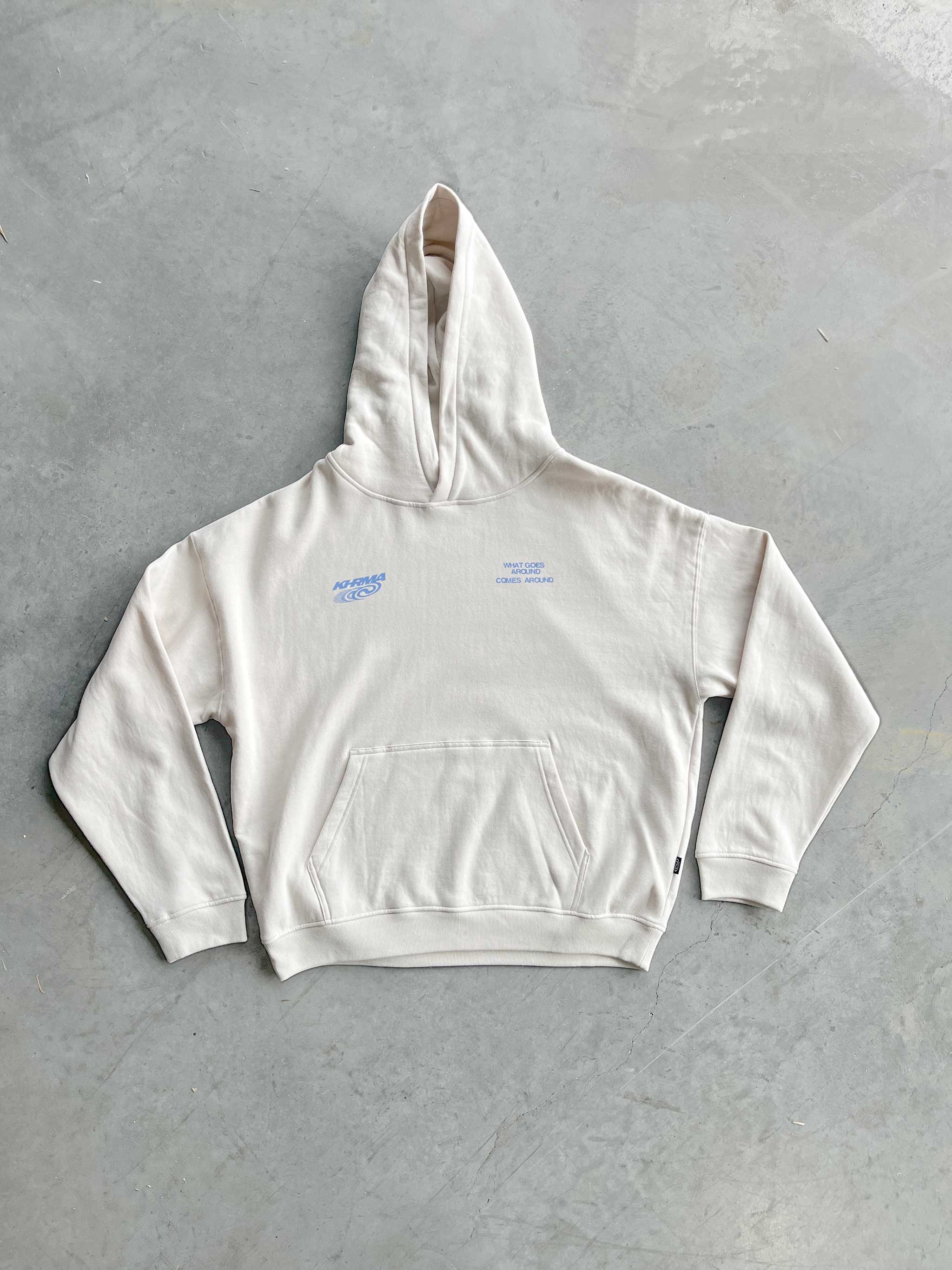 White hoodie with blue text