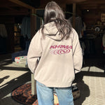 Person wearing a beige hoodie with a logo, standing indoors on a patterned floor.