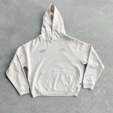 White hoodie with blue text