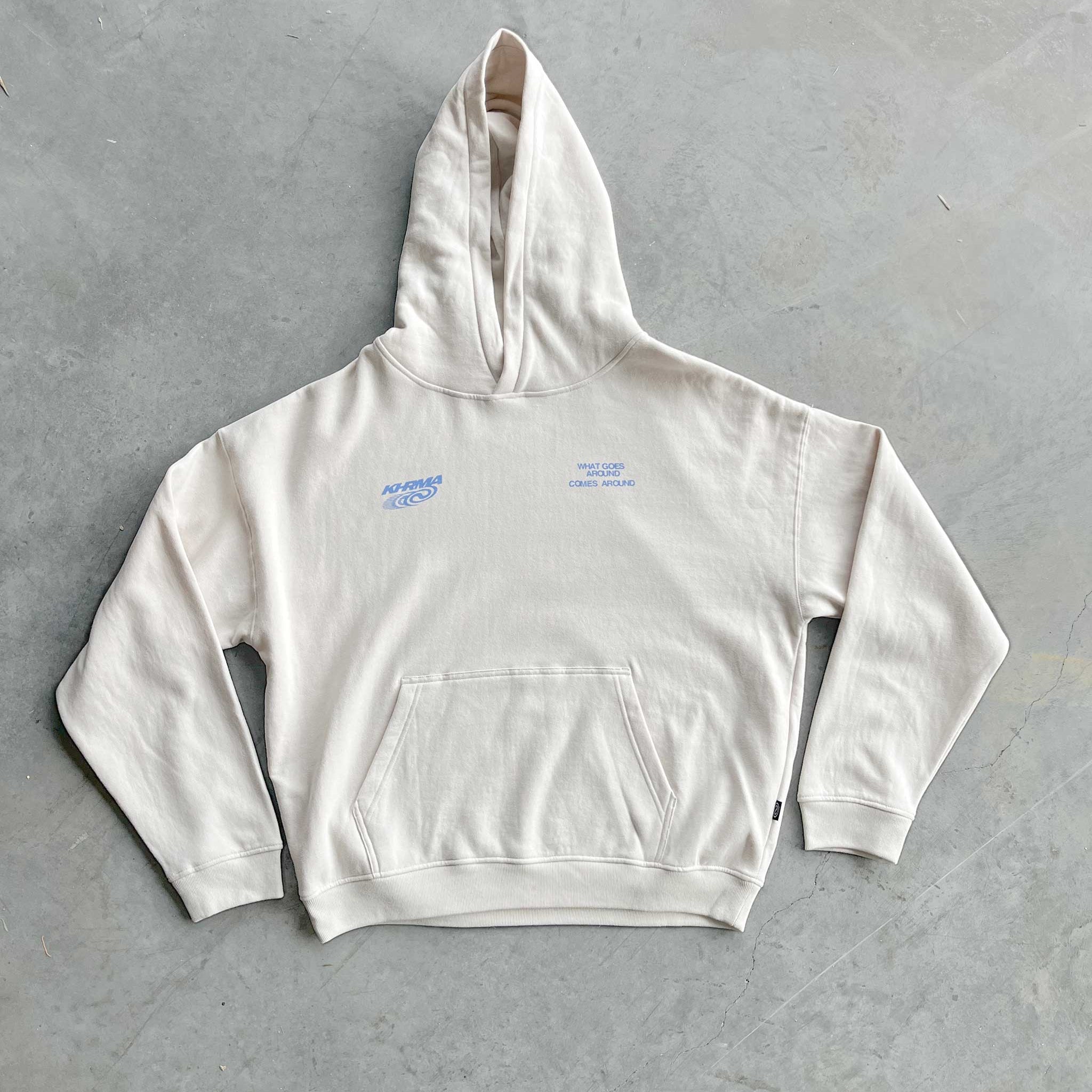 White hoodie with blue text